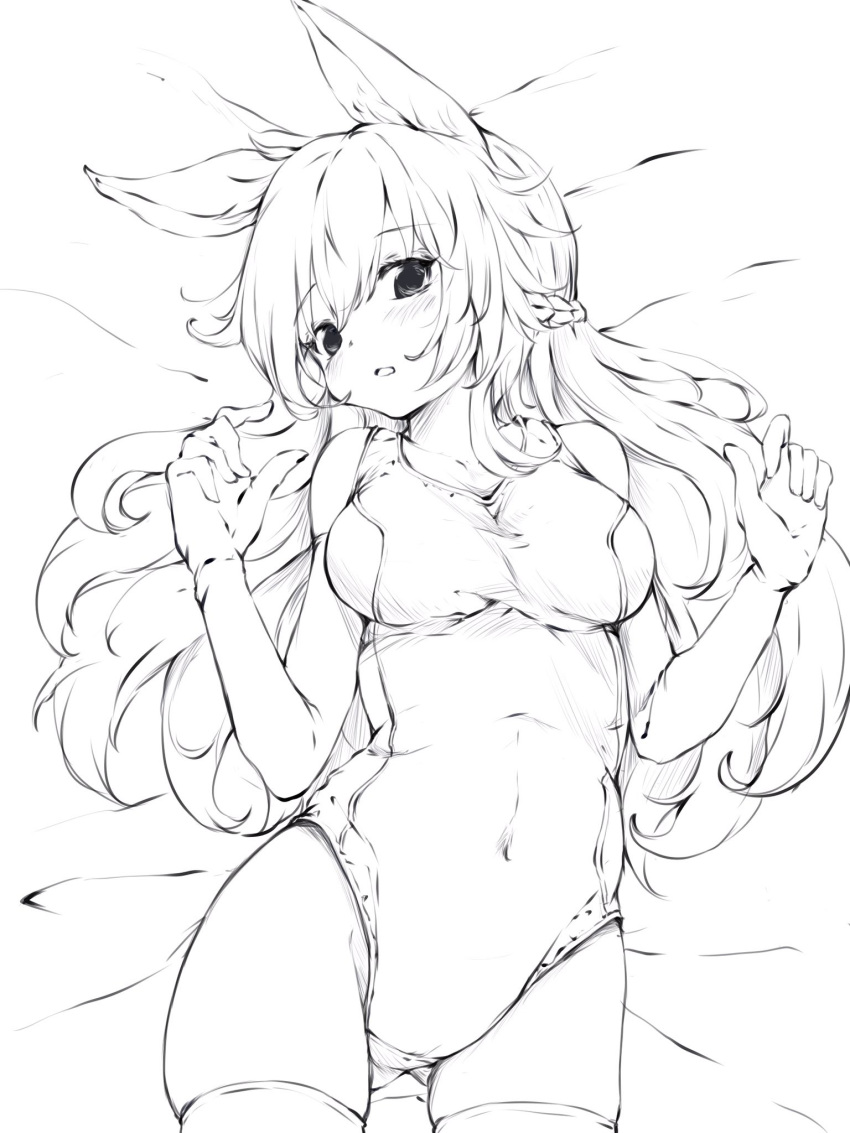 1girl animal_ears artist_request ass_visible_through_thighs braid breasts bunny_girl covered_navel elbow_gloves eyebrows_visible_through_hair gloves highres long_hair lying monochrome on_back one-piece_swimsuit open_mouth original rabbit_ears sketch solo swimsuit thigh-highs thighs