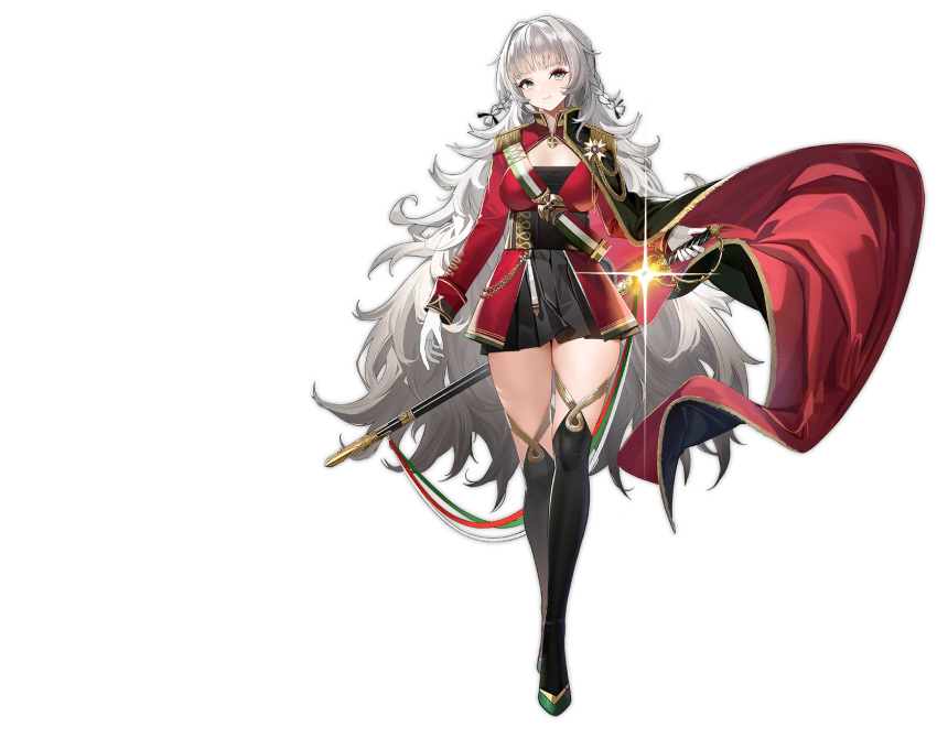 1girl azur_lane bangs belt black_dress black_footwear boots braid breasts cape closed_mouth corset detached_sleeves dress epaulettes full_body gloves gold_trim green_cape grey_eyes grey_hair high_heel_boots high_heels highres holding holding_sword holding_weapon jacket large_breasts long_hair long_sleeves looking_at_viewer official_art red_jacket sheath shiny shiny_hair short_dress smile sparkle standing sword thigh-highs thigh_boots thighs tied_hair transparent_background vittorio_veneto_(azur_lane) weapon white_gloves yunsang