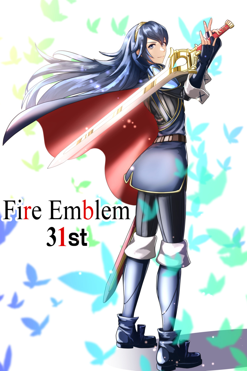 1girl absurdres anniversary armor bangs belt blue_cape blue_dress blue_eyes blue_footwear blue_hair blue_legwear bodysuit boots breasts brown_belt bug butterfly cape closed_mouth commentary_request dress english_text falchion_(fire_emblem) fingerless_gloves fire_emblem fire_emblem_awakening from_behind full_body gloves gold_trim hair_blowing hands_up highres holding holding_sword holding_weapon insect knee_boots long_hair looking_at_viewer looking_back lucina_(fire_emblem) ribbed_bodysuit shadow shiny shiny_hair short_dress shoulder_armor sidelocks solo sparkle sukkirito_(rangusan) sword tiara weapon