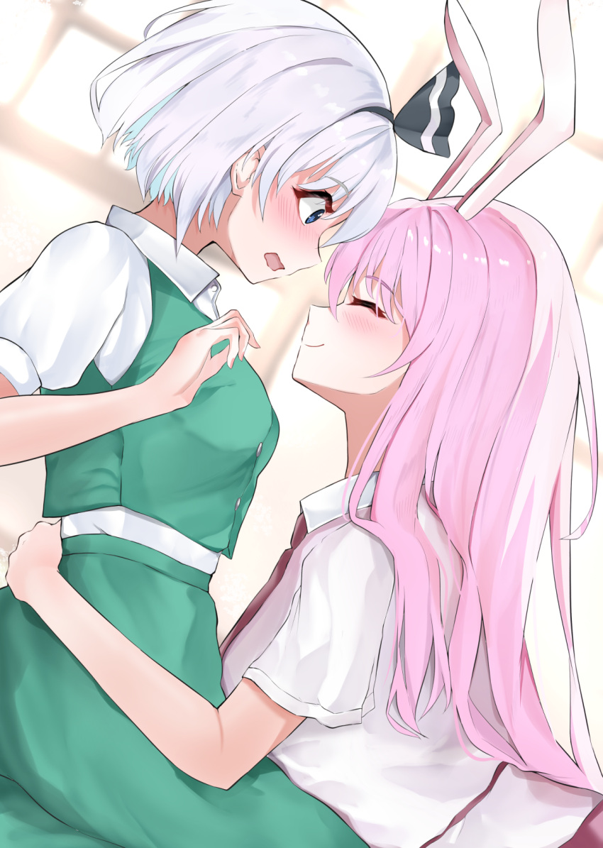 258n 2girls animal_ears arm_up blue_eyes blush breasts closed_eyes commentary cowboy_shot dutch_angle eyebrows_visible_through_hair from_side green_skirt green_vest hair_ribbon hand_on_another's_back highres konpaku_youmu leaning_on_person long_hair looking_at_another looking_down medium_breasts multiple_girls necktie profile puffy_short_sleeves puffy_sleeves purple_hair rabbit_ears red_neckwear reisen_udongein_inaba ribbon shirt short_hair short_sleeves silver_hair skirt smile touhou very_long_hair vest white_shirt window yuri
