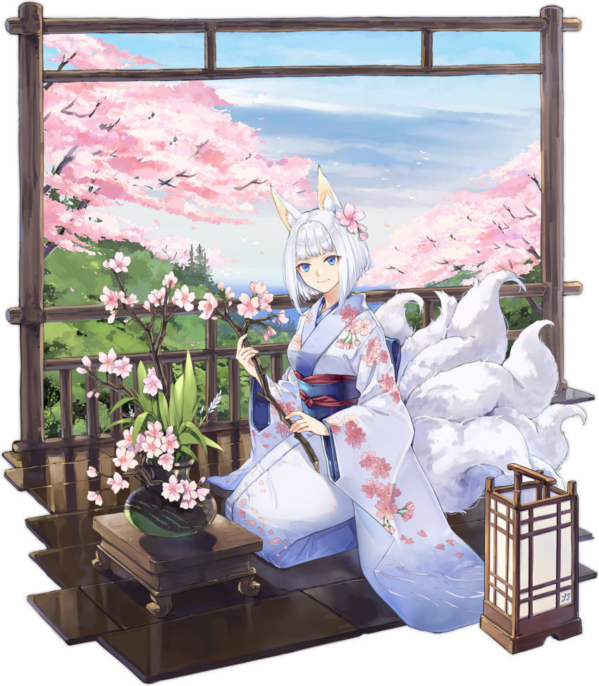1girl animal_ears artist_request azur_lane blue_eyes cherry_blossoms closed_mouth floral_print flower fox_ears fox_girl fox_tail hair_flower hair_ornament highres japanese_clothes kaga_(azur_lane) kimono long_sleeves looking_at_viewer multiple_tails official_alternate_costume official_art pink_flower seiza short_hair sitting smile stick tail transparent_background tree white_hair white_kimono wide_sleeves
