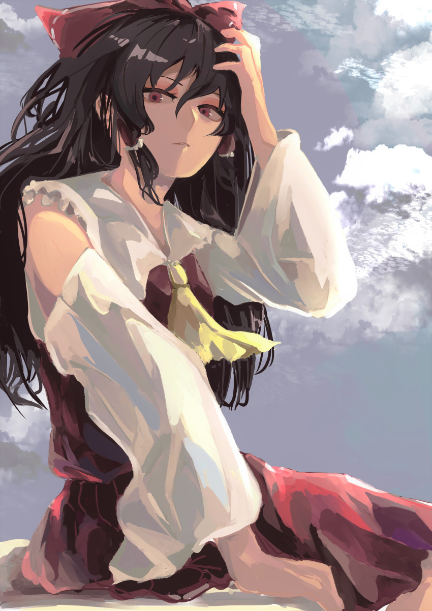 1girl absurdres ascot bangs bare_shoulders bow breasts brown_eyes brown_hair clouds cloudy_sky day detached_sleeves expressionless eyebrows_behind_hair feet_out_of_frame frilled_hair_tubes frilled_shirt_collar frills from_side hair_between_eyes hair_bow hair_tubes hakurei_reimu hand_on_head hand_up highres long_hair looking_at_viewer medium_breasts outdoors parted_lips red_bow red_skirt red_vest sidelocks sitting skirt sky solo totopepe888 touhou vest wide_sleeves yellow_neckwear