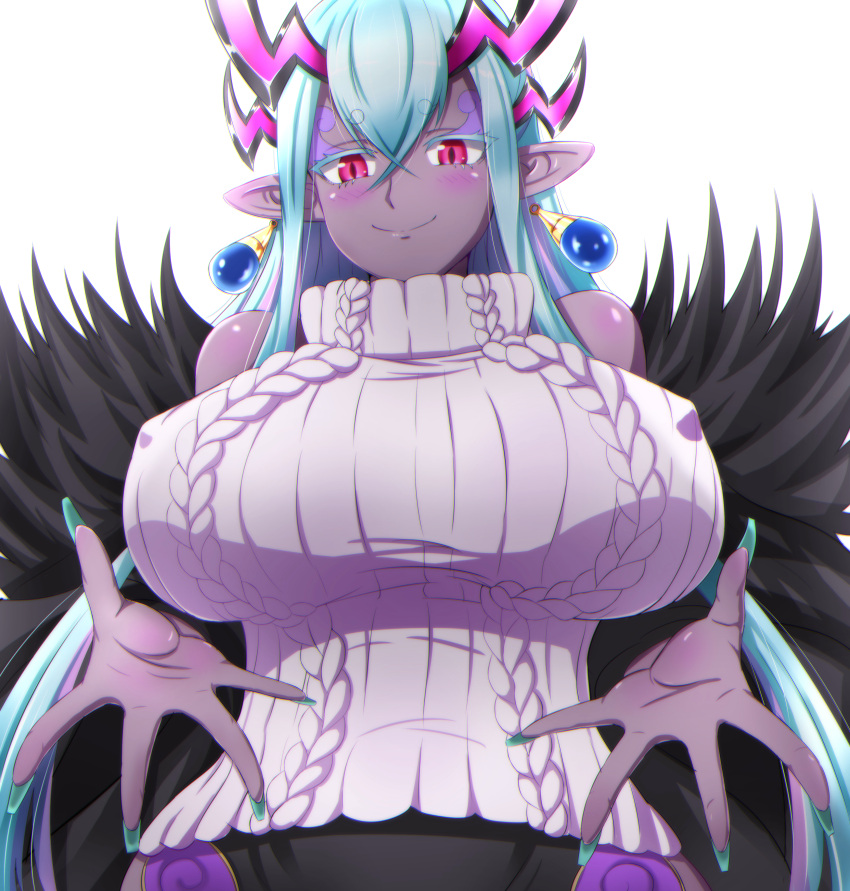 1girl absurdres aqua_eyebrows aqua_eyelashes aqua_hair bare_shoulders blue_nails blush breasts colored_skin commentary_request dark_skin eyebrows fate/grand_order fate_(series) fur_trim highres horns huge_breasts ibuki_douji_(fate) long_hair multiple_horns outstretched_hand pink_eyes pointy_ears sleeveless sleeveless_sweater sleeveless_turtleneck smile solo sotomichi turtleneck white_background