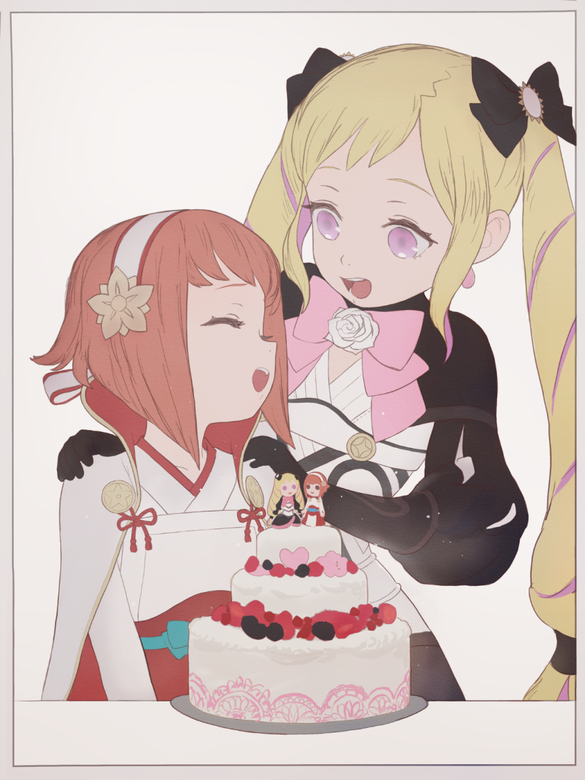 2girls :d black_bow black_gloves blonde_hair bow cake character_doll closed_eyes commentary elise_(fire_emblem) english_commentary fire_emblem fire_emblem_fates food gloves hair_bow hairband hands_on_another's_shoulders highres long_hair multiple_girls open_mouth orange_hair pink_bow pumpkinspicelatte sakura_(fire_emblem) simple_background smile twintails very_long_hair violet_eyes white_background