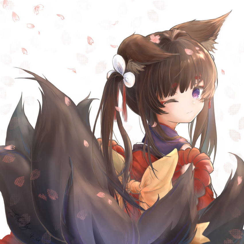 amagi-chan_(azur_lane) animal_ear_fluff animal_ears azur_lane back bangs blunt_bangs brown_hair brown_tail closed_mouth commentary_request eyebrows eyebrows_visible_through_hair fluffy fox_ears fox_tail from_side hair_ornament hair_ribbon head_tilt highres japanese_clothes kimono kitsune kyuubi long_hair looking_at_viewer multiple_tails obi off-shoulder_kimono one_eye_closed petals purple_kimono red_kimono ribbon sash sherly_hiberna shiny shiny_hair sidelocks simple_background sleeveless sleeveless_kimono tail twintails violet_eyes white_background white_ribbon