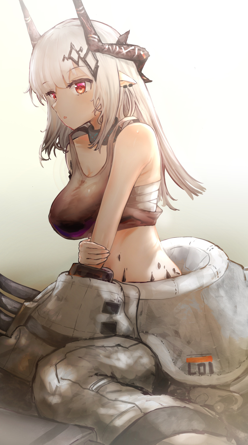 1girl absurdres arknights bandages bangs bare_arms bare_shoulders black_tank_top breasts commentary_request crop_top eyebrows_visible_through_hair gradient gradient_background grey_background hachiko_(0088) highres horns large_breasts long_hair midriff mudrock_(arknights) oripathy_lesion_(arknights) parted_lips partial_commentary pointy_ears red_eyes sarashi silver_hair sitting solo tank_top white_background