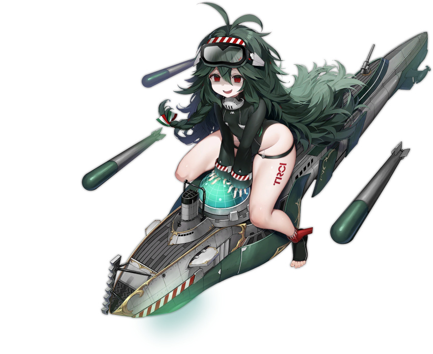 1girl antenna_hair azur_lane byulzzi dark_green_hair diving_mask diving_mask_on_head full_body goggles goggles_on_head hair_between_eyes hair_ribbon highres italian_flag long_hair official_art red_eyes ribbon ringed_eyes shaded_face solo submarine swimsuit thigh_tattoo thighs toeless_legwear toes torpedo torricelli_(azur_lane) transparent_background very_long_hair watercraft wetsuit