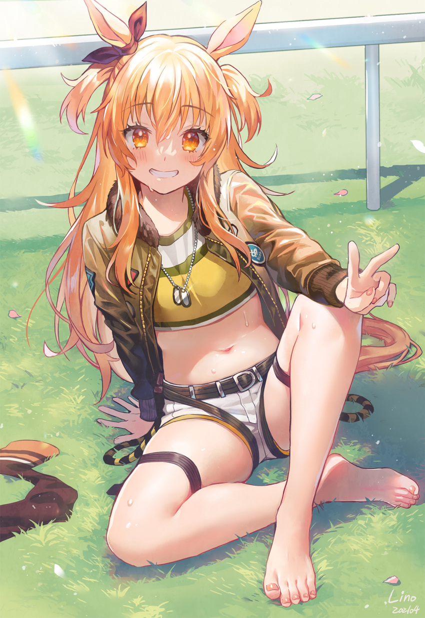 1girl animal_ears barefoot brown_eyes brown_jacket brown_legwear brown_ribbon commentary_request crop_top day dog_tags ear_ribbon full_body fur-trimmed_jacket fur_trim grin highres horse_ears horse_girl horse_tail jacket lino_chang long_hair long_sleeves looking_at_viewer mayano_top_gun_(umamusume) midriff navel on_grass open_clothes open_jacket orange_hair outdoors petals ribbon shirt short_shorts shorts sitting smile solo tail thigh-highs thighhighs_removed twintails two_side_up umamusume v very_long_hair white_shorts yellow_shirt