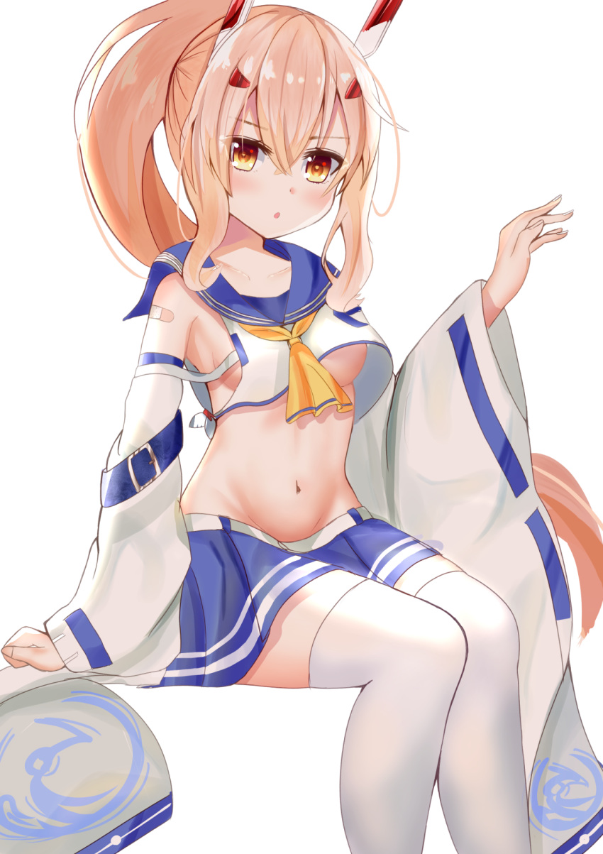 1girl ayanami_(azur_lane) azur_lane bandaid bandaid_on_arm bangs belt breasts choker collarbone commentary_request detached_sleeves eyebrows_visible_through_hair eyes_visible_through_hair hair_ornament hairclip headgear highres long_hair looking_at_viewer midriff mitsu336 navel orange_eyes parted_lips platinum_blonde_hair pleated_skirt ponytail retrofit_(azur_lane) ribbon-trimmed_sleeves ribbon_trim school_uniform serafuku sidelocks simple_background sitting skirt solo thigh-highs under_boob v-shaped_eyebrows white_background white_legwear wide_sleeves zettai_ryouiki