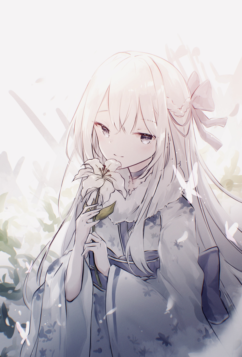 1girl backlighting bangs black_eyes bow bug butterfly choker closed_mouth flower fur_trim hair_bow hands_up highres holding holding_flower insect japanese_clothes kimono lily_(flower) long_hair long_sleeves looking_at_viewer looking_to_the_side messy_hair miyu_(miy_u1308) obi original sash sidelocks smile solo upper_body white_hair white_kimono wide_sleeves