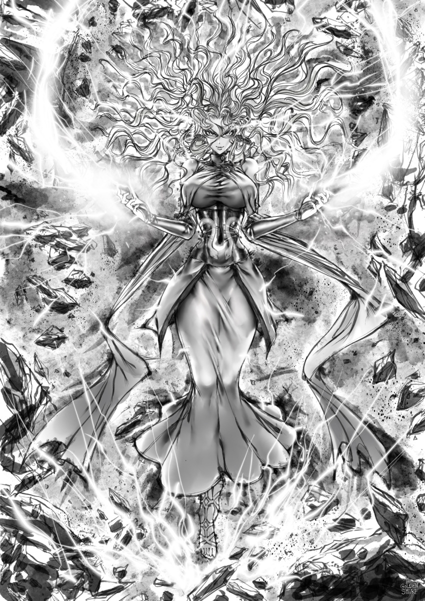 artist_name breasts covered_navel dress earrings electricity full_body glasses greyscale highres jewelry large_breasts long_hair monochrome one-punch_man psychos rock sandals signature the_golden_smurf wavy_hair