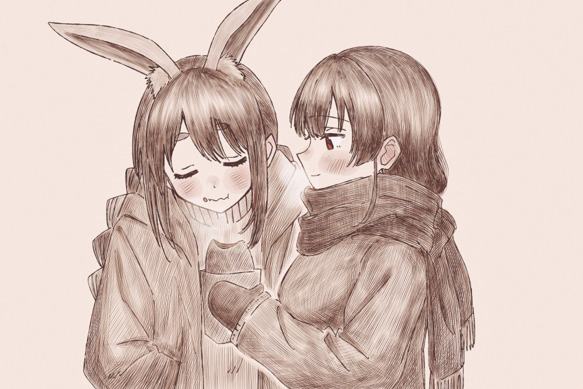 animal_ear_fluff animal_ears bangs blush breath coat cold highres hololive homura910210 houshou_marine long_hair mittens multiple_girls rabbit_ears red_eyes scarf shared_food usada_pekora virtual_youtuber winter_clothes winter_coat