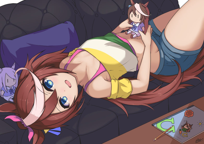 1girl :d absurdres animal_ears bare_shoulders blue_eyes blue_shorts brown_hair casual character_doll couch crop_top detached_sleeves hair_ribbon highres horse_ears horse_girl horse_tail ichikawayan long_hair looking_at_viewer lying mejiro_mcqueen_(umamusume) midriff multicolored_hair navel on_back on_couch open_mouth pink_shirt ponytail ribbon shirt short_shorts shorts sleeveless sleeveless_shirt smile solo stomach streaked_hair tail thighs tokai_teio_(umamusume) umamusume undershirt yellow_shirt