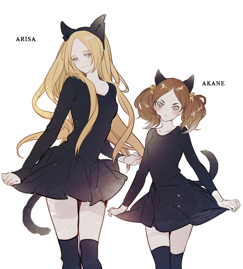 2girls age_difference alternate_costume animal_ears bell black_dress black_legwear blonde_hair blue_eyes blush brown_hair cat_ears cat_tail character_name curtsey dress haiba_arisa haikyuu!! hair_bell hair_ornament height_difference highres long_hair long_sleeves looking_at_viewer multiple_girls simple_background skirt_hold smile standing tail thigh-highs twintails white_background yamamoto_akane yasai_(getsu) zettai_ryouiki