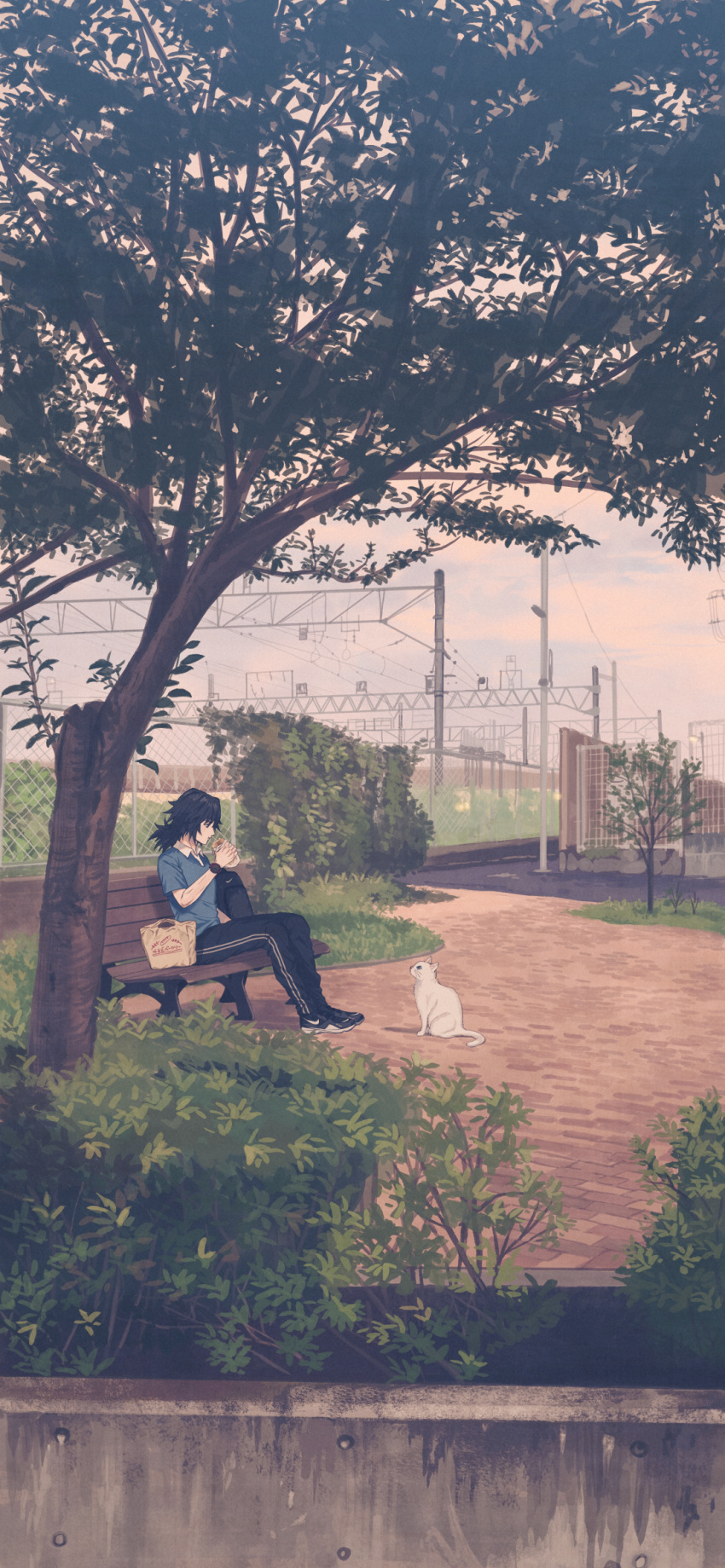 1boy 234_(1234!) alternate_costume animal backpack bag bench black_hair blue_shirt casual cat collared_shirt contemporary day eating fence food hand_up highres kimetsu_no_yaiba long_hair looking_at_another looking_up low_ponytail male_focus outdoors overhead_line ponytail power_lines river sandwich scenery shirt shoes short_sleeves sneakers solo tomioka_giyuu tree watch water white_cat wide_shot