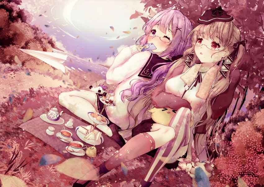 &gt;_&lt; 2girls animal asymmetrical_legwear autumn azur_lane bespectacled black_ribbon cardigan casual cat food formidable_(azur_lane) glasses hair_ribbon highres itogawa_mio manjuu_(azur_lane) multiple_girls outdoors paper_airplane purple_hair ribbon sandwich semi-rimless_eyewear shirt striped striped_legwear tea tea_party tiered_tray twintails under-rim_eyewear unicorn_(azur_lane) violet_eyes water white_cardigan white_shirt