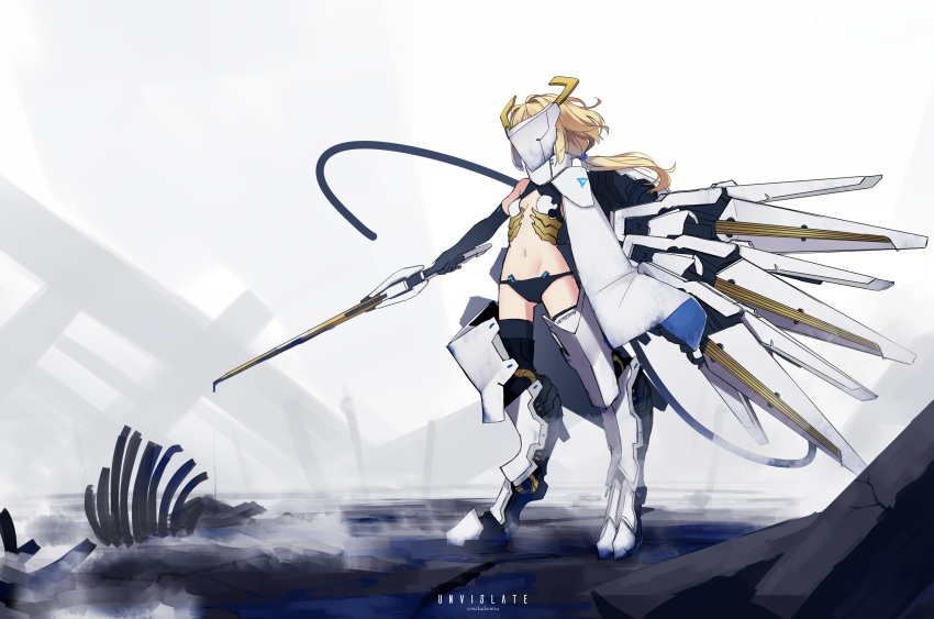 1girl absurdres armored_boots black_gloves black_legwear black_panties blonde_hair boots breasts commentary_request elbow_gloves gloves grey_background groin highres holding holding_sword holding_weapon long_hair low_ponytail makadamixa mecha_musume navel original panties ponytail revealing_clothes small_breasts solo standing sword thigh-highs twitter_username underwear weapon