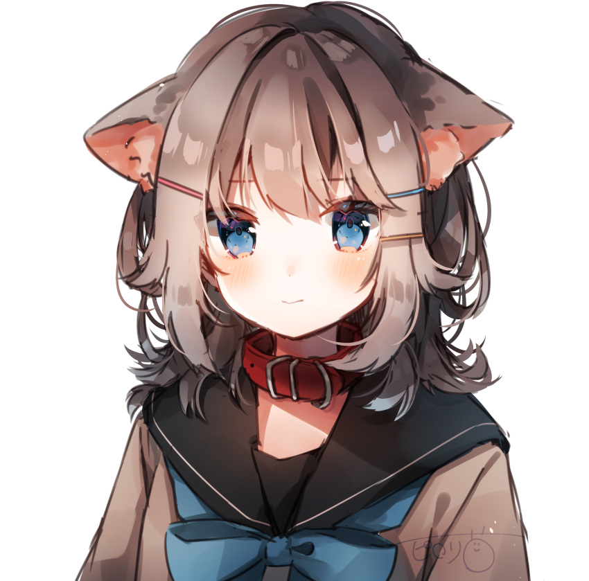 1girl absurdres animal_ear_fluff animal_ears bangs black_sailor_collar blue_bow blue_eyes blush bow brown_hair brown_shirt cat_ears closed_mouth collar eyebrows_visible_through_hair hair_ornament hairclip heripiro highres looking_at_viewer original red_collar sailor_collar school_uniform serafuku shirt signature simple_background solo white_background