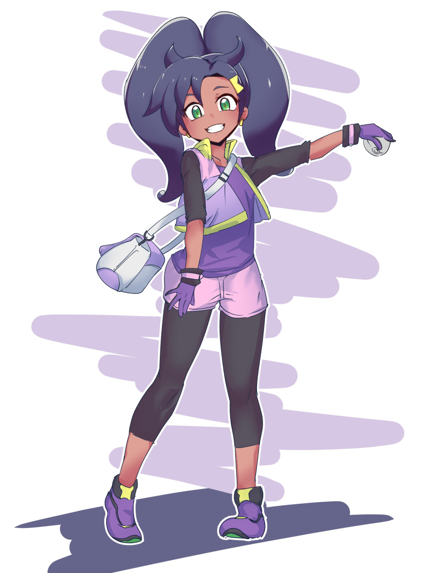 1girl absurdres bag bangs black_bodysuit black_hair bodysuit clenched_teeth collarbone commentary_request cropped_jacket dark_skin dark-skinned_female earrings full_body gloves green_eyes grin hair_ornament highres jacket jewelry knees looking_at_viewer new_pokemon_snap open_clothes open_jacket outline pigeon-toed pink_shorts pokemon pokemon_(game) purple_footwear purple_gloves purple_shirt rita_(pokemon) shirt shoes shorts shoulder_bag sleeveless sleeveless_jacket smile solo standing teeth twintails white_bag zetsu_(zyej5442)