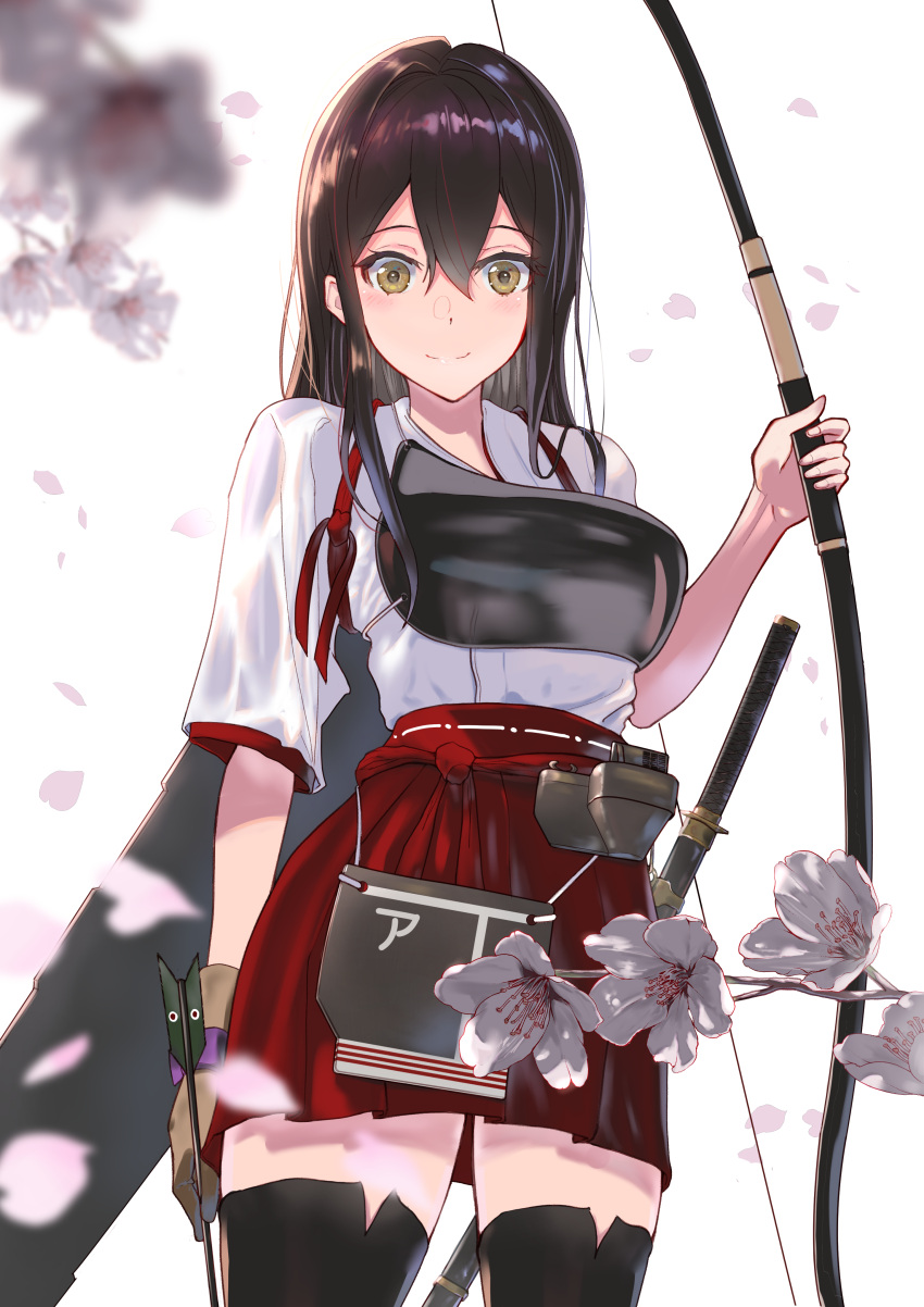 1girl absurdres akagi_(kancolle) arrow_(projectile) bow_(weapon) brown_eyes brown_gloves brown_hair flight_deck gaiters gloves hakama hakama_skirt highres holding holding_bow_(weapon) holding_weapon japanese_clothes kantai_collection long_hair muneate partially_fingerless_gloves quiver red_hakama rigging single_glove solo straight_hair taki_rentaro tasuki thigh-highs thighhigh_gaiters weapon yugake yumi_(bow)