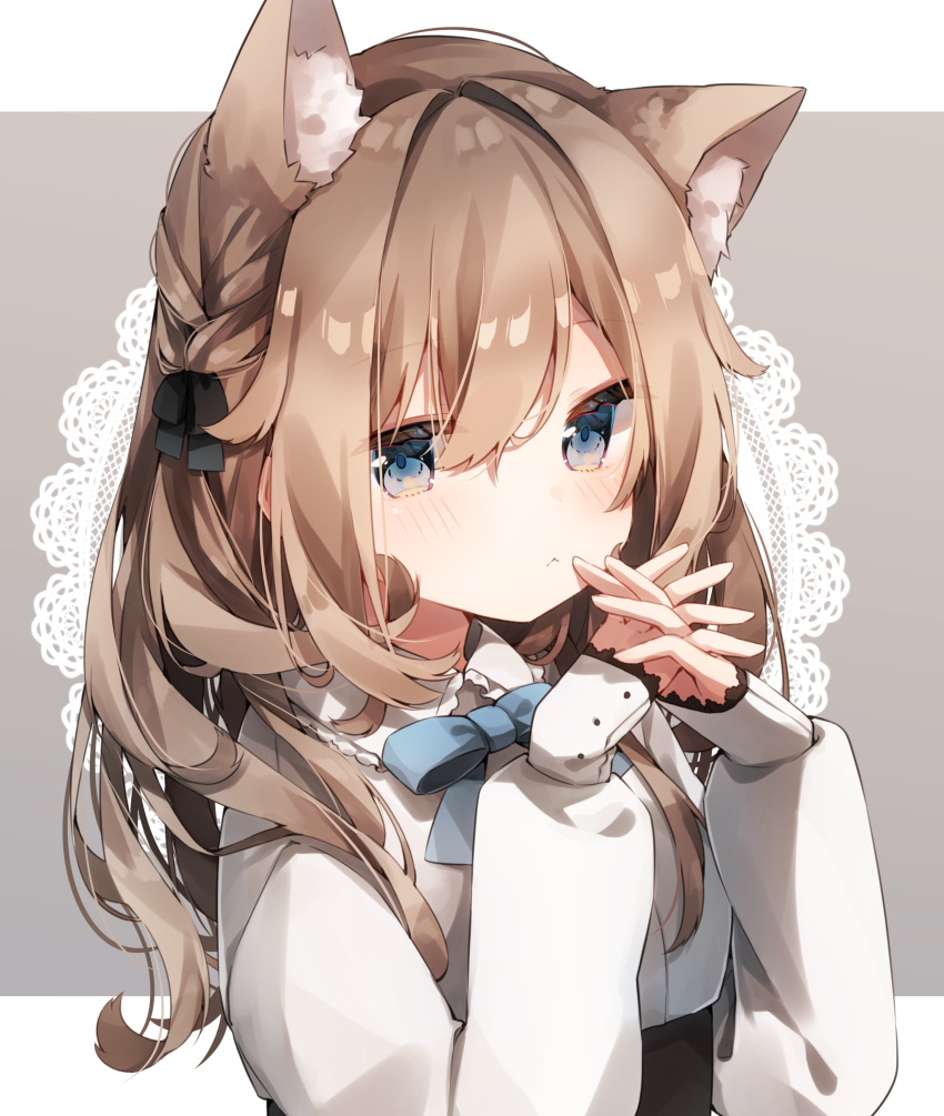 1girl :&lt; absurdres animal_ear_fluff animal_ears bangs blue_bow blue_eyes blush bow braid brown_hair cat_ears closed_mouth collared_shirt doily eyebrows_visible_through_hair frilled_shirt_collar frills grey_background hair_between_eyes hands_up heripiro high-waist_skirt highres interlocked_fingers long_hair long_sleeves looking_at_viewer original puffy_long_sleeves puffy_sleeves shirt skirt sleeves_past_wrists solo two-tone_background upper_body white_background white_shirt