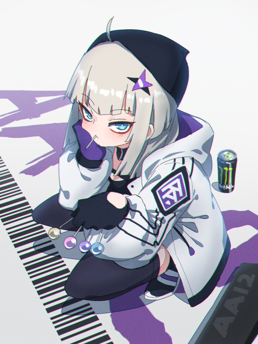 1girl aa-12_(girls_frontline) ahoge baggy_clothes bangs barcode black_gloves black_headwear black_legwear candy chromatic_aberration closed_mouth energy_drink eyebrows_visible_through_hair food food_in_mouth full_body girls_frontline gloves hair_ornament hands_up hat head_rest highres holding holding_candy holding_food holding_lollipop hood hooded_jacket jacket kuro_kosyou lollipop long_sleeves looking_at_viewer medium_hair monster_energy open_clothes patch shadow shoes silver_hair solo squatting star_(symbol) star_hair_ornament thigh-highs