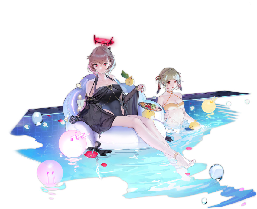 2girls anklet azur_lane bare_shoulders barefoot bikini black_bow black_swimsuit blue_hair blush bow breasts brown_hair building city closed_mouth collarbone covered_navel duca_degli_abruzzi_(azur_lane) duca_degli_abruzzi_(lustrous_onyx_sirenetta)_(azur_lane) fingernails flower food fruit grey_hair highres holding in_water jacket jewelry large_breasts leaf looking_at_viewer manjuu_(azur_lane) mechanical_arms medium_breasts multicolored_hair multiple_girls necktie official_art ohisashiburi one-piece_swimsuit open_mouth partially_submerged petals pool prosthesis prosthetic_arm red_eyes red_nails redhead see-through shiny shiny_hair short_hair short_twintails single_mechanical_arm sitting smile sunglasses swimming swimsuit tied_hair toes transparent_background tray twintails water wet yellow_bikini