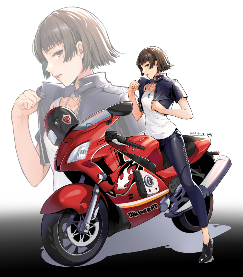 1girl :d absurdres bangs black_jacket black_pants brown_eyes brown_hair commentary cropped_jacket da-cart ground_vehicle highres jacket looking_at_viewer motor_vehicle motorcycle niijima_makoto open_mouth pants persona persona_5 short_hair smile tank_top white_background white_tank_top zoom_layer