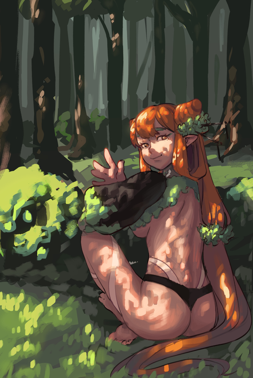 1girl absurdres ass barefoot black_shorts breasts commission dappled_sunlight day detached_sleeves elf forest full_body hair_horns hair_ornament hair_rings hair_stick highleg highleg_panties highres long_hair long_sleeves looking_at_viewer micro_shorts mismatched_eyebrows mole mole_under_eye nature orange_eyes orange_hair original outdoors panties piku184 pointy_ears puffy_long_sleeves puffy_sleeves shorts sideboob sitting solo sunlight underwear very_long_hair waving white_panties