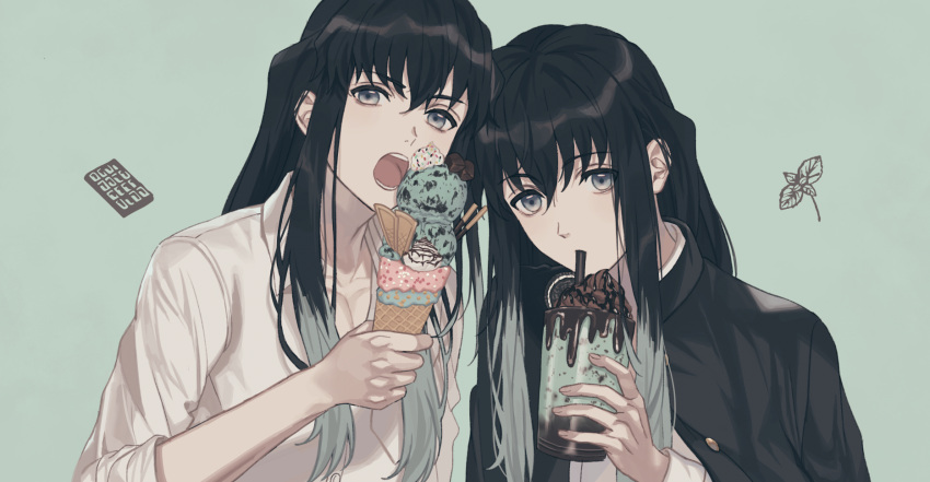 234_(1234!) 2boys bangs black_hair black_shirt brothers buttons chocolate chocolate_syrup collared_shirt cup drinking drinking_straw eating food green_background green_eyes hand_up haori highres holding holding_cup ice_cream ice_cream_cone japanese_clothes kimetsu_no_yaiba long_hair long_sleeves looking_at_viewer male_focus multicolored_hair multiple_boys open_mouth oreo shirt siblings simple_background sleeves_rolled_up sprinkles teeth tokitou_muichirou tokitou_yuichirou two-tone_hair upper_body white_shirt