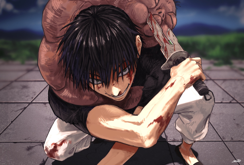 1000_(user_1527793) 1boy bangs black_footwear black_hair black_shirt blood blood_on_face bloody_weapon blue_eyes blurry blurry_background fighting_stance full_body fushiguro_touji hair_between_eyes highres holding holding_sword holding_weapon jujutsu_kaisen looking_at_viewer male_focus monster one_knee outdoors pants shirt shoes short_hair short_sleeves short_sword smile solo sword tsurime weapon white_pants