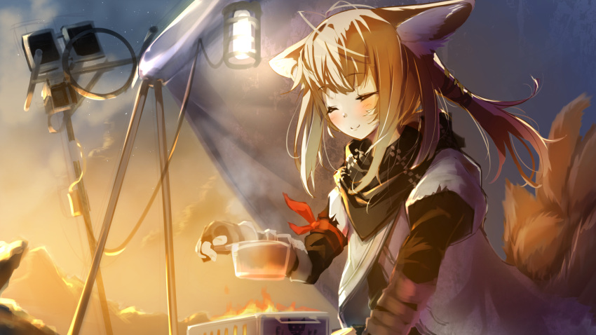 1girl animal_ear_fluff animal_ears arknights bangs black_gloves black_scarf blonde_hair blush closed_eyes clouds commentary_request cooking fingerless_gloves fox_ears fox_girl fox_tail gloves hellnyaa highres holding holding_pot kyuubi multiple_tails official_alternate_costume pot red_ribbon ribbon scarf sky smile solo stove suzuran_(arknights) suzuran_(lostlands_flowering)_(arknights) tail twintails upper_body