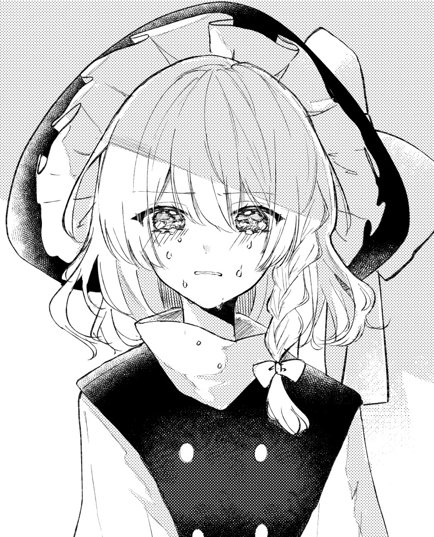 1girl absurdres black_headwear black_vest blush bow braid commentary_request crying crying_with_eyes_open greyscale hair_between_eyes hair_bow hat highres kirisame_marisa looking_at_viewer monochrome shirt single_braid solo tears touhou turtleneck upper_body vest white_shirt witch_hat yukia_(yukia_777)