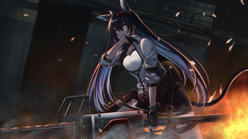 1girl animal_ears arknights bangs black_gloves black_hair black_shorts blaze_(arknights) blitzkrieg_(index_unknown) blue_eyes cat_ears cat_tail chainsaw cowboy_shot fingerless_gloves fire from_side gloves grin hair_between_eyes hand_up high_collar highres holding holding_weapon jacket long_hair messy_hair parted_lips shorts sidelocks smile solo standing tail thighs weapon white_jacket wrist_cuffs wristband