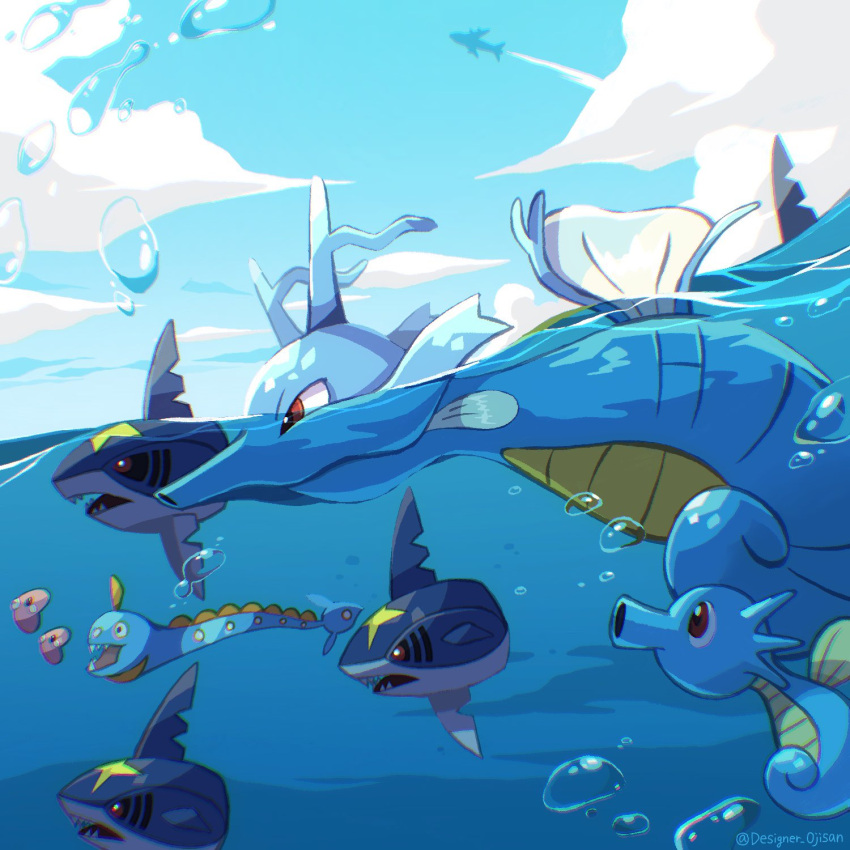 air_bubble artist_name bubble closed_mouth clouds day designer_ojisan from_side gen_1_pokemon gen_2_pokemon gen_3_pokemon highres horsea huntail kingdra luvdisc no_humans outdoors partially_underwater_shot pokemon pokemon_(creature) red_eyes sharpedo sky water_drop watermark
