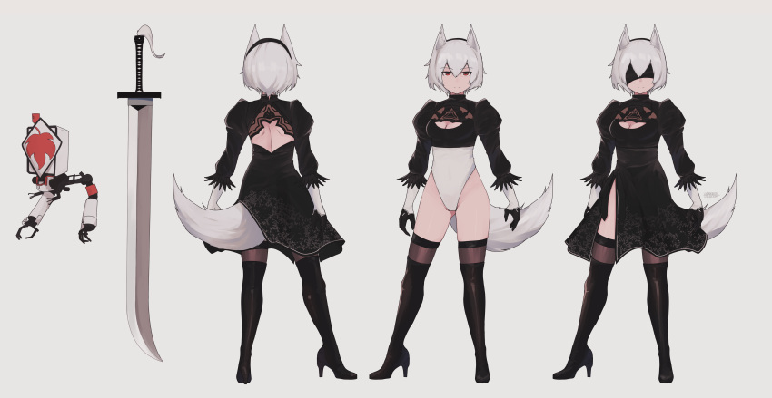 1girl absurdres animal_ears back_cutout black_dress black_footwear black_legwear blindfold cleavage_cutout clothing_cutout commission cosplay dress facing_viewer highleg highleg_leotard highres inubashiri_momiji leaf_print leotard maple_leaf_print pod_(nier_automata) senzaicha_kasukadoki short_hair sword tail tassel thigh-highs touhou turtleneck variations weapon white_hair white_leotard wolf_ears wolf_tail yorha_no._2_type_b yorha_no._2_type_b_(cosplay)