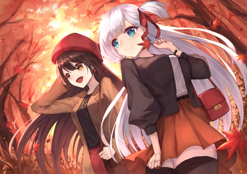 2girls absurdres alternate_costume autumn autumn_leaves azur_lane bag beret black_jacket black_legwear black_shirt blue_eyes breasts brown_hair brown_jacket casual hair_ribbon handbag hat highres huge_filesize jacket large_breasts long_hair masaki_(msk064) multiple_girls orange_eyes outdoors red_headwear red_ribbon red_skirt ribbon shirt shoukaku_(azur_lane) skirt thigh-highs white_hair white_shirt zuikaku_(azur_lane)