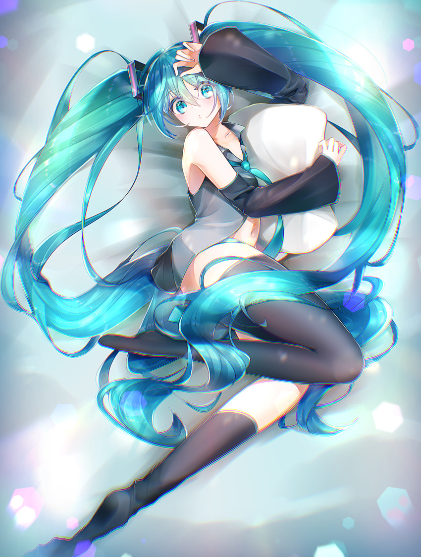 1girl absurdres aqua_eyes aqua_hair aqua_neckwear bare_shoulders bed black_legwear black_sleeves blurry bokeh commentary depth_of_field detached_sleeves from_above full_body grey_shirt hair_ornament hand_on_own_head hand_up hatsune_miku highres long_hair looking_at_viewer midriff navel necktie open_clothes open_shirt panties parted_lips pillow pillow_hug rentama1219 shirt sleeveless sleeveless_shirt solo striped striped_panties thigh-highs twintails underwear very_long_hair vocaloid