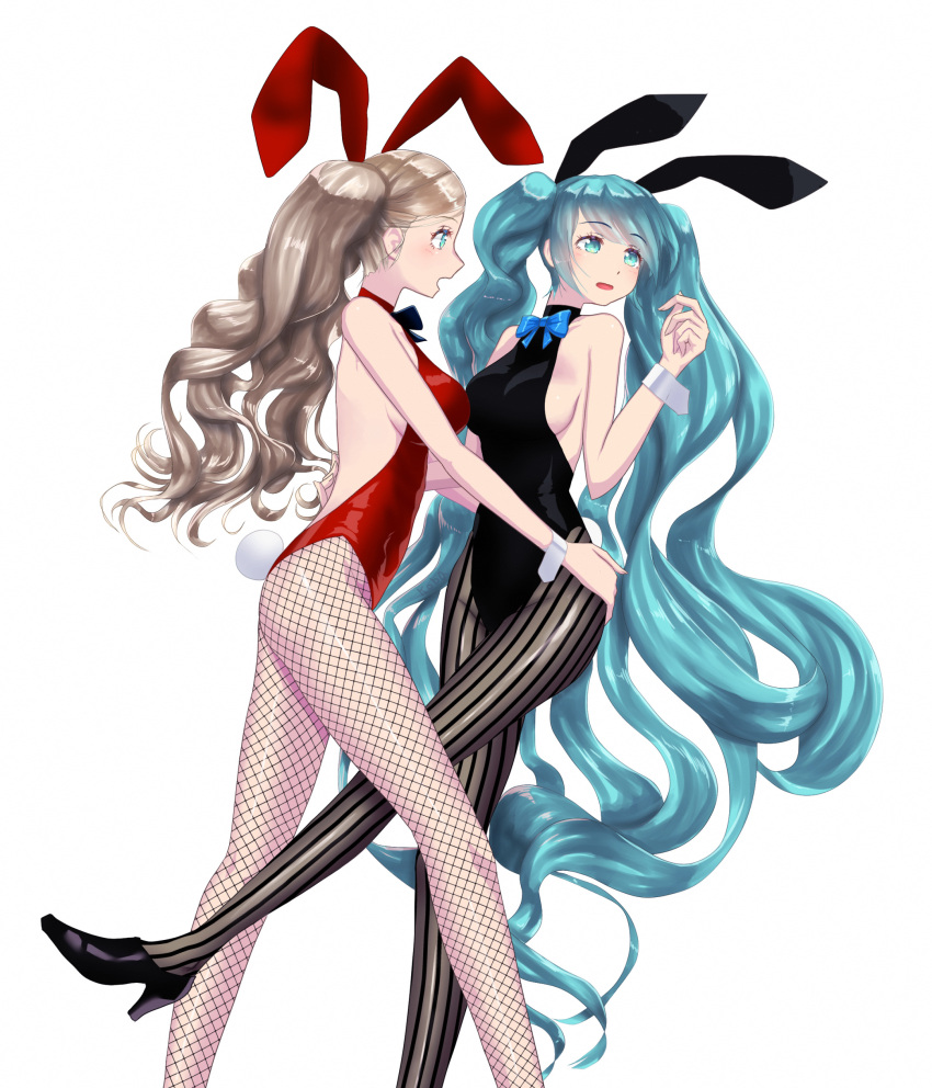 2girls absurdres alternate_costume animal_ears aqua_eyes aqua_hair ass backless_leotard bare_shoulders black_footwear black_leotard blonde_hair blue_eyes blush bow bowtie breasts bunny_tail crossover eyebrows_visible_through_hair fake_animal_ears feet_out_of_frame fishnet_legwear fishnets from_side groin halterneck hand_up hands_on_another's_hips hatsune_miku high_heels highres koba_(furikake-p) leaning_back leg_up leotard long_hair looking_at_another looking_away medium_hair multiple_girls nape off-shoulder_leotard open_mouth pantyhose persona persona_5 playboy_bunny profile rabbit_ears red_leotard shiny shiny_skin sideboob simple_background striped striped_legwear tail takamaki_anne twintails very_long_hair vocaloid wavy_hair white_background wrist_cuffs yuri
