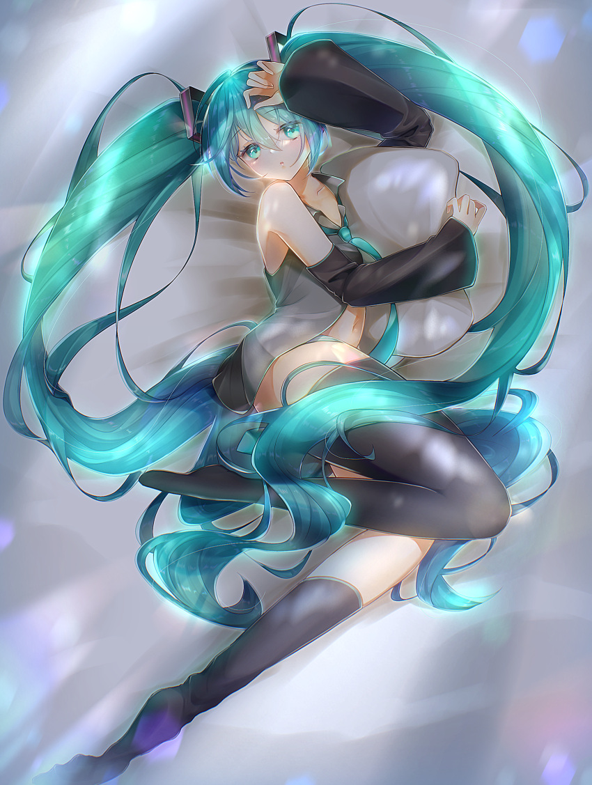1girl absurdres aqua_eyes aqua_hair aqua_neckwear bare_shoulders bed black_legwear black_sleeves blurry bokeh commentary depth_of_field detached_sleeves from_above full_body grey_shirt hair_ornament half-closed_eyes hand_on_own_head hand_up hatsune_miku highres long_hair looking_at_viewer making-of_available midriff navel necktie open_clothes open_shirt panties parted_lips pillow pillow_hug rentama1219 shirt sleeveless sleeveless_shirt solo striped striped_panties thigh-highs twintails underwear very_long_hair vocaloid