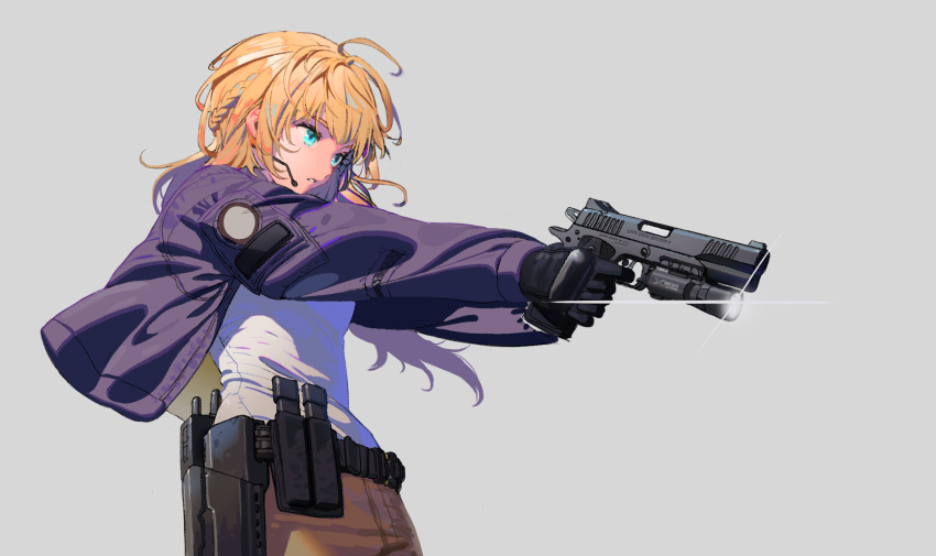 1girl aiming belt black_gloves blonde_hair blue_eyes braid breasts brown_pants crown_braid earpiece finger_on_trigger flashlight from_side gloves grey_background gun handgun highres holster jacket magazine_(weapon) messy_hair original pants pistol purple_jacket shirt short_hair small_breasts solo tactical_clothes tttatical upper_body weapon weapon_request white_shirt