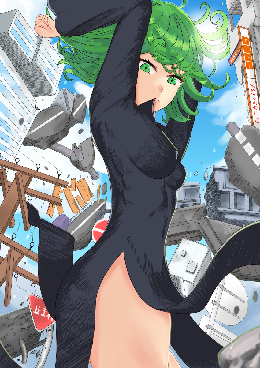 1girl absurdres ass bangs black_dress breasts curly_hair dress goch green_eyes green_hair highres huge_filesize long_sleeves looking_at_viewer one-punch_man scenery short_hair small_breasts solo tatsumaki thighs