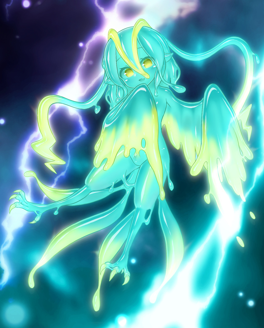 1girl blue_hair blue_skin claws colored_skin completely_nude curss electricity fang flying harpy highres looking_at_viewer monster_girl nude original skin_fang slime_girl smile solo tail yellow_eyes yellow_skin