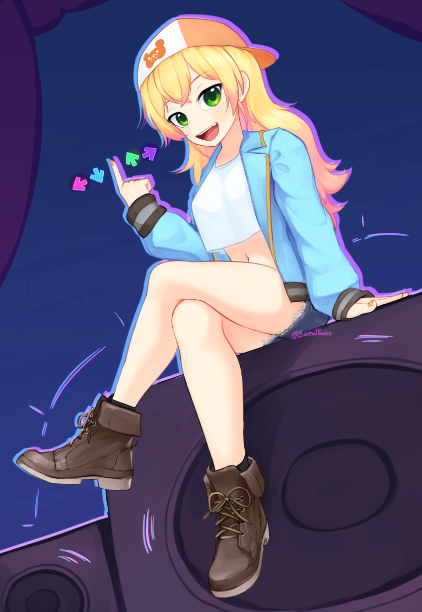 1girl :d absurdres ankle_boots arm_support arrow_(symbol) baseball_cap blonde_hair blue_jacket blue_shorts boots copyright_request cropped_shirt crossed_legs dutch_angle fingernails fold-over_boots gradient_hair green_eyes hat highres hololive index_finger_raised jacket looking_at_viewer momosuzu_nene multicolored_hair nail_polish navel open_mouth orange_nails shirt short_shorts shorts sideways_hat smile solo white_shirt yoako