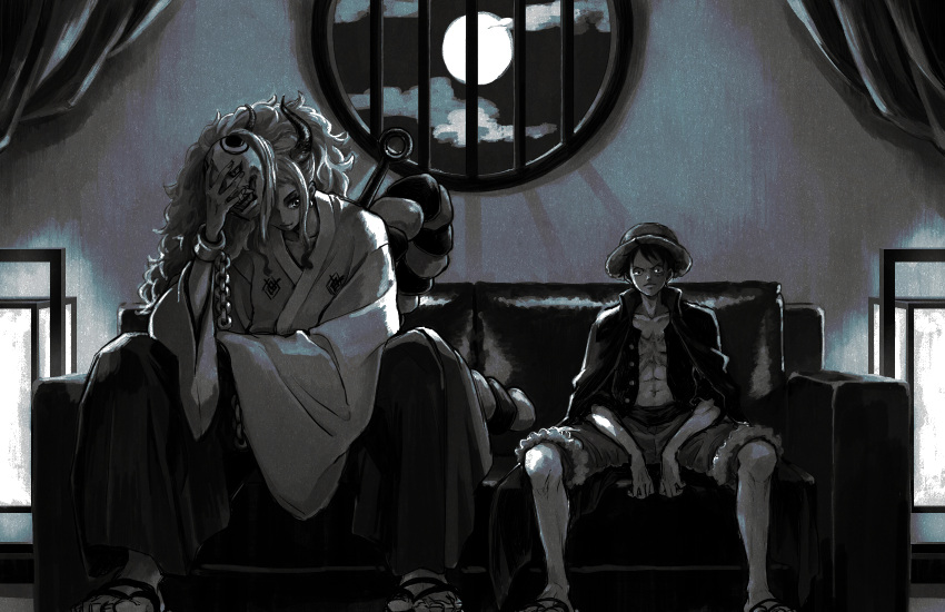 &gt;:( 1boy 1girl abs arm_rest backlighting bare_legs buttons chain closed_mouth coat coat_on_shoulders cuffs curled_horns dark earrings full_body full_moon fur_trim hakama hat height_difference highres holding holding_mask horns indoors japanese_clothes jewelry kataginu long_sleeves looking_at_another looking_at_viewer mask mask_on_head monkey_d._luffy moon night one_piece oni open_clothes open_shirt pectorals rope sandals scar scar_on_cheek scar_on_chest scar_on_face shackles shimenawa shirt short_hair sitting smile spread_legs stomach straw_hat tall_female toned toned_male unbuttoned v-shaped_eyebrows weapon weapon_on_back wide_sleeves window yamato_(one_piece) zhi_(okkyoyo)