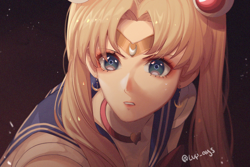 1girl bangs bishoujo_senshi_sailor_moon blonde_hair blue_eyes blue_sailor_collar choker circlet collared_shirt crescent crescent_earrings earrings hair_bun hair_intakes heart heart_choker highres huge_filesize jewelry long_hair lufi_ays parted_lips portrait red_choker sailor_collar sailor_moon sailor_moon_redraw_challenge sailor_senshi_uniform sailor_shirt shirt sleeveless sleeveless_shirt solo twintails twitter_username white_shirt