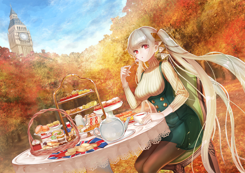 1girl alternate_costume autumn autumn_leaves azur_lane black_ribbon breasts cake cake_slice casual cookie cream cupcake dessert dress elizabeth_tower eyebrows_visible_through_hair food formidable_(azur_lane) fruit green_dress hair_ribbon highres large_breasts long_hair macaron outdoors pantyhose platinum_blonde_hair red_eyes ribbed_sweater ribbon round_table short_dress sitting solo strawberry sweater sweets take_tw01 tea tiered_tray turtleneck turtleneck_sweater twintails two-tone_ribbon union_jack very_long_hair white_ribbon