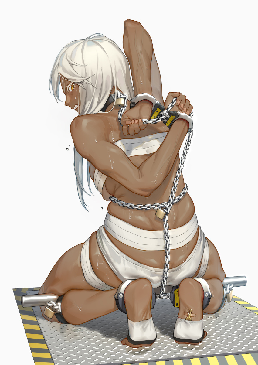 1girl absurdres barefoot bdsm bondage bound chain chained chinese_commentary cuffs dark_skin dark-skinned_female feet guangmi guilty_gear guilty_gear_xrd handcuffs highres long_hair looking_at_viewer looking_back no_bra orange_eyes platinum_blonde_hair ramlethal_valentine restrained shackles stationary_restraints tan white_hair