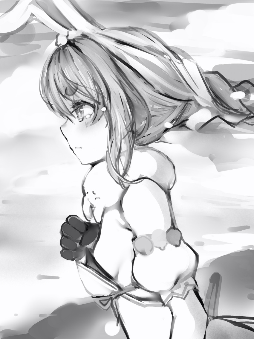 1girl animal_ears blush braid breasts closed_mouth detached_sleeves from_side frown gloves greyscale hand_up highres hololive long_hair monochrome nanashi_(nlo) profile puffy_detached_sleeves puffy_short_sleeves puffy_sleeves rabbit_ears short_sleeves small_breasts solo tears upper_body usada_pekora