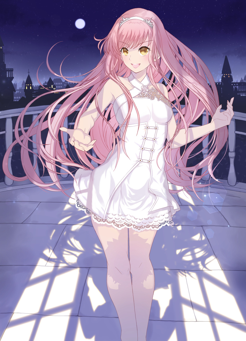 1girl :d absurdres balcony bare_arms bare_legs blush cityscape dress fate/grand_order fate_(series) full_moon hairband highres long_hair looking_at_viewer lostroom_outfit_(fate) medb_(fate) medb_(fate)_(all) moon night open_mouth pink_hair sakuratsuki_(sakuradukiyoru) shadow short_dress smile solo white_dress white_hairband yellow_eyes